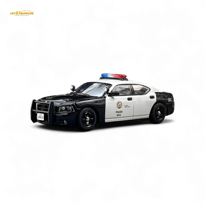 Dodge Rollin Dodge Charger 06 LAPD diecast model car in black with police markings, detailed replica in 1:64 scale.