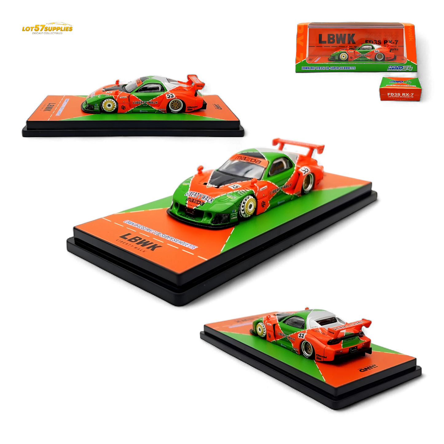 Inno64 Mazda RX-7 LBWK diecast car in orange and green, 1:64 scale, detailed model with vibrant color scheme.