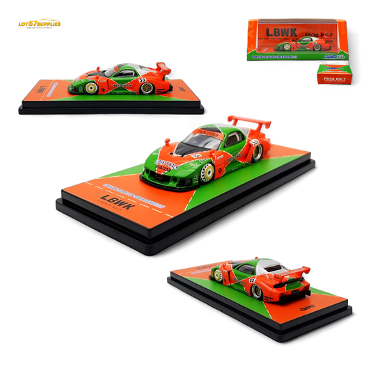 Inno64 Mazda RX-7 LBWK diecast car in orange and green, 1:64 scale, detailed model with vibrant color scheme.