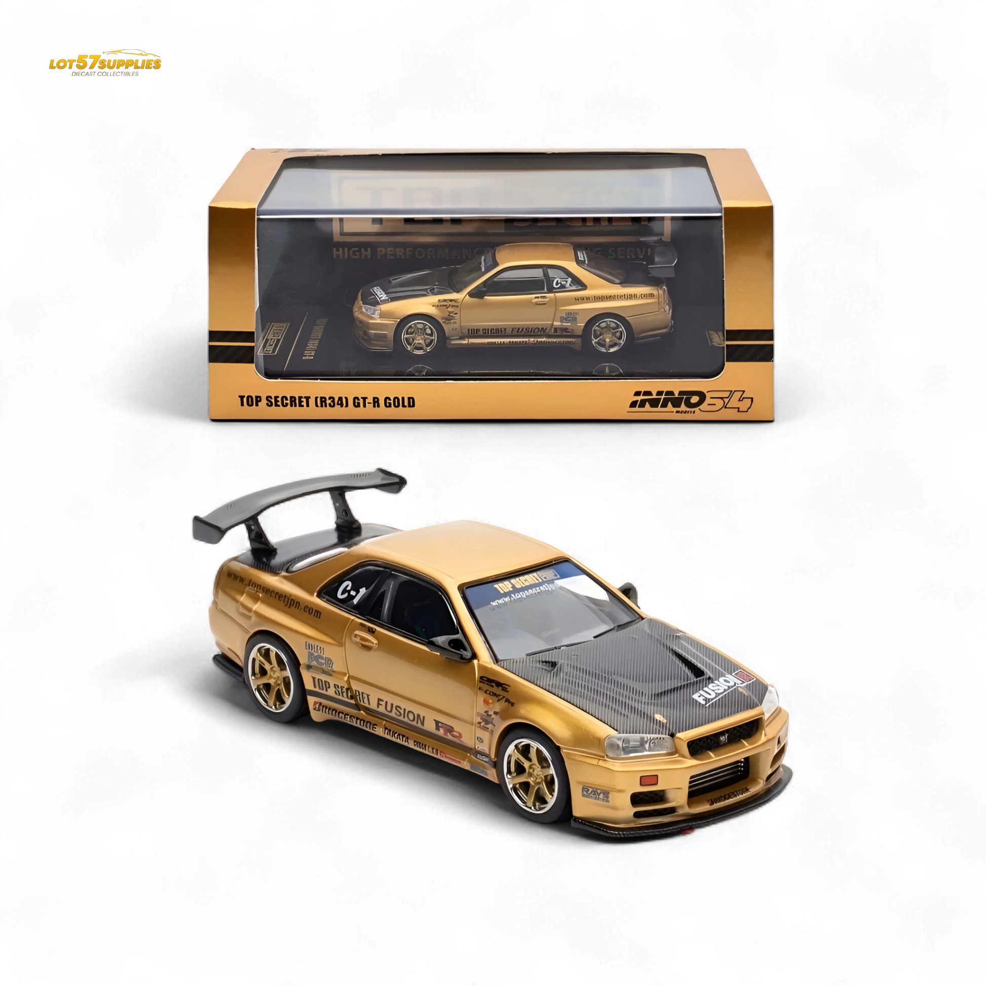 Gold Inno64 Top Secret R34 GT-R diecast Nissan model in 1:64 scale with detailed exterior features.