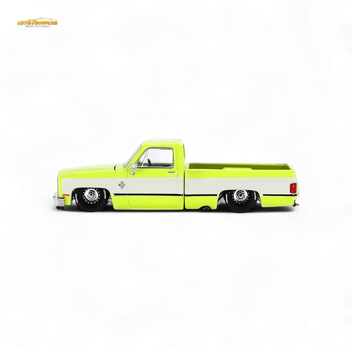 Mini GT x Kaido House Chevrolet Silverado FLO YELLOW diecast truck, 1:64 scale, yellow Chevrolet pickup with detailed design.