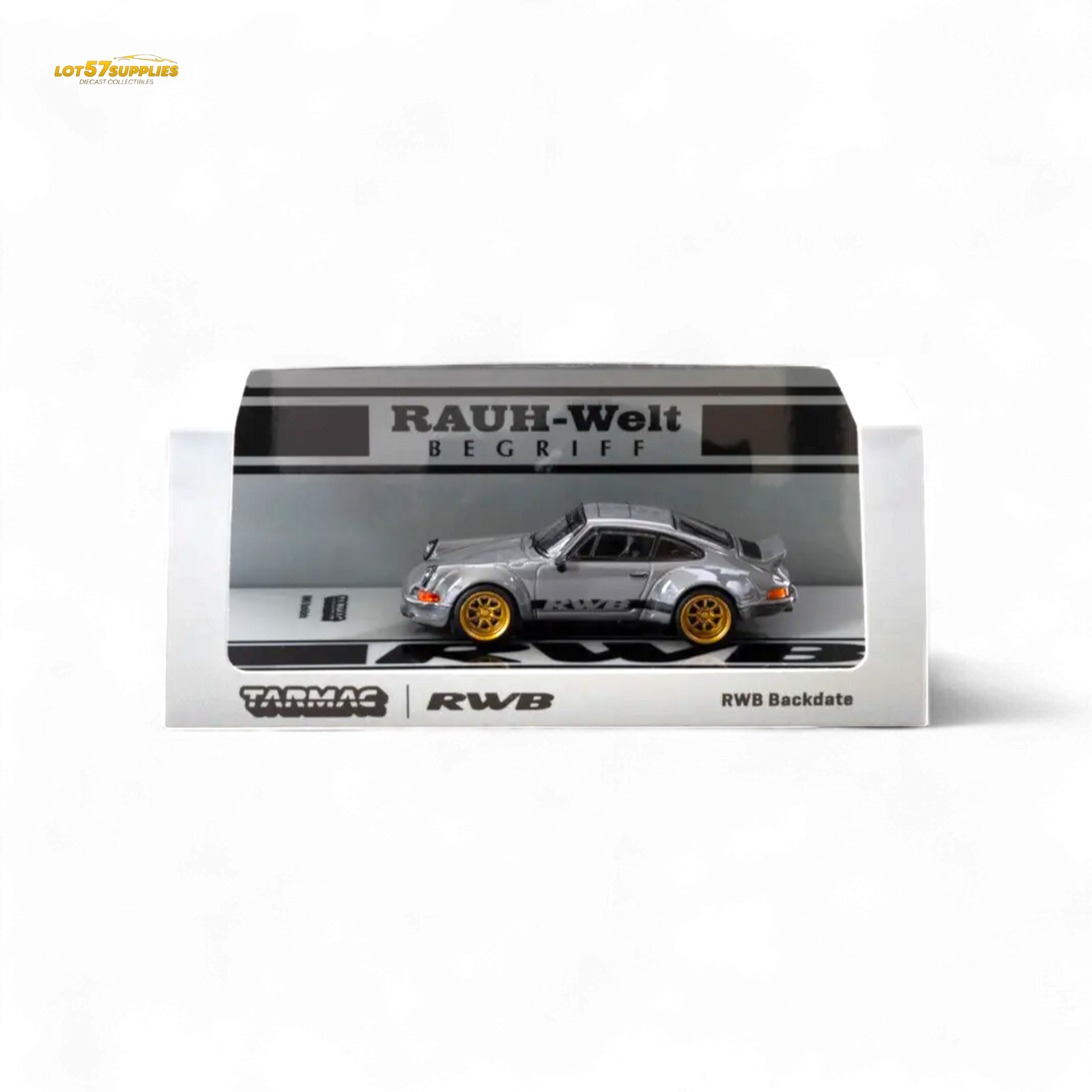 Gray 1:64 Porsche RWB Backdate diecast model by Tarmac Works, detailed view of the miniature sports car.