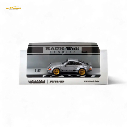 Gray 1:64 Porsche RWB Backdate diecast model by Tarmac Works, detailed view of the miniature sports car.