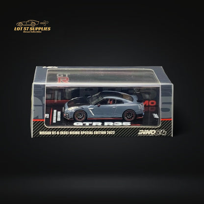 Nissan Skyline GT-R R35 Nismo diecast model in stealth gray, 1:64 scale, featuring detailed exterior and sporty design.