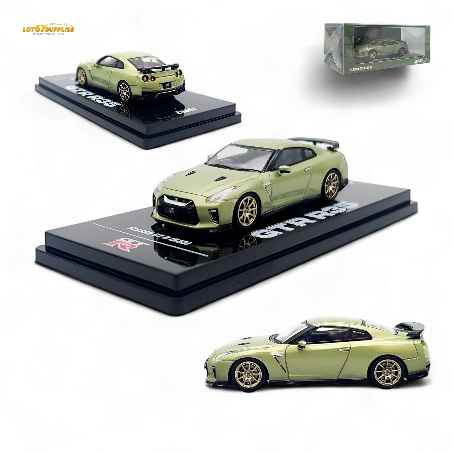 Inno64 Nissan Skyline GT-R R35 diecast model in Millennium Jade color, detailed 1:64 scale car from Lot57Supplies Diecast Shop
