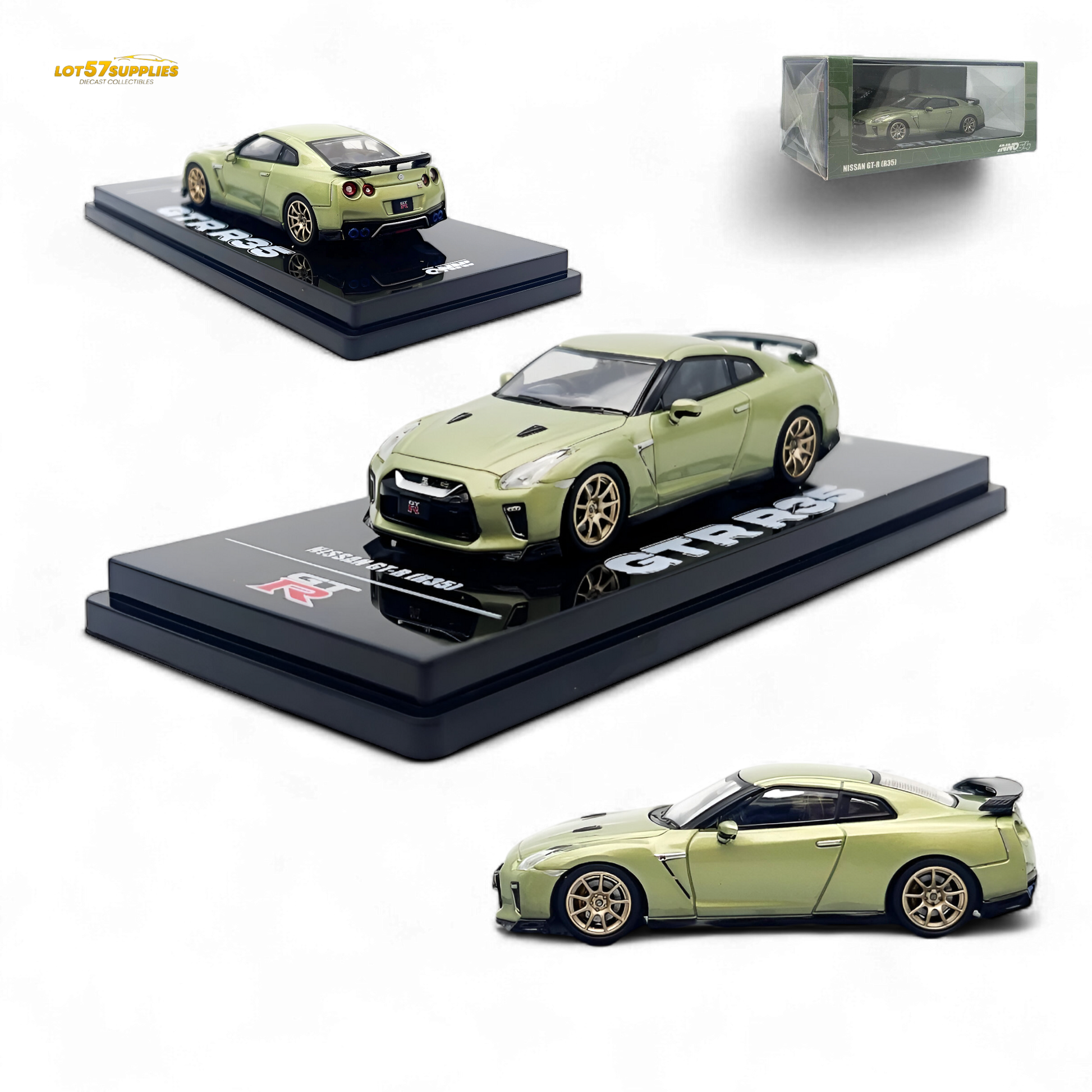 Inno64 Nissan Skyline GT-R R35 diecast model in Millennium Jade color, detailed 1:64 scale car from Lot57Supplies Diecast Shop