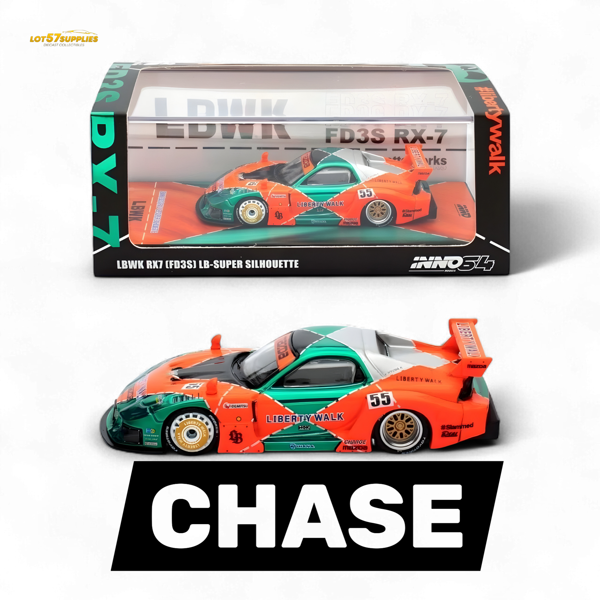 Orange and green 1:64 scale Mazda RX-7 LBWK FD3S diecast model by Lot57Supplies, detailed miniature sports car.