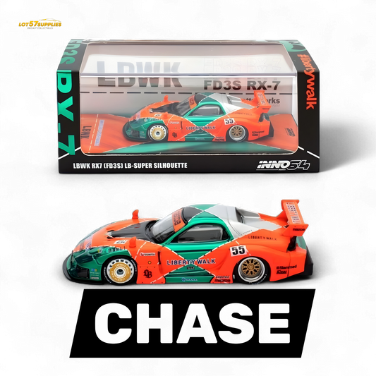 Orange and green 1:64 scale Mazda RX-7 LBWK FD3S diecast model by Lot57Supplies, detailed miniature sports car.