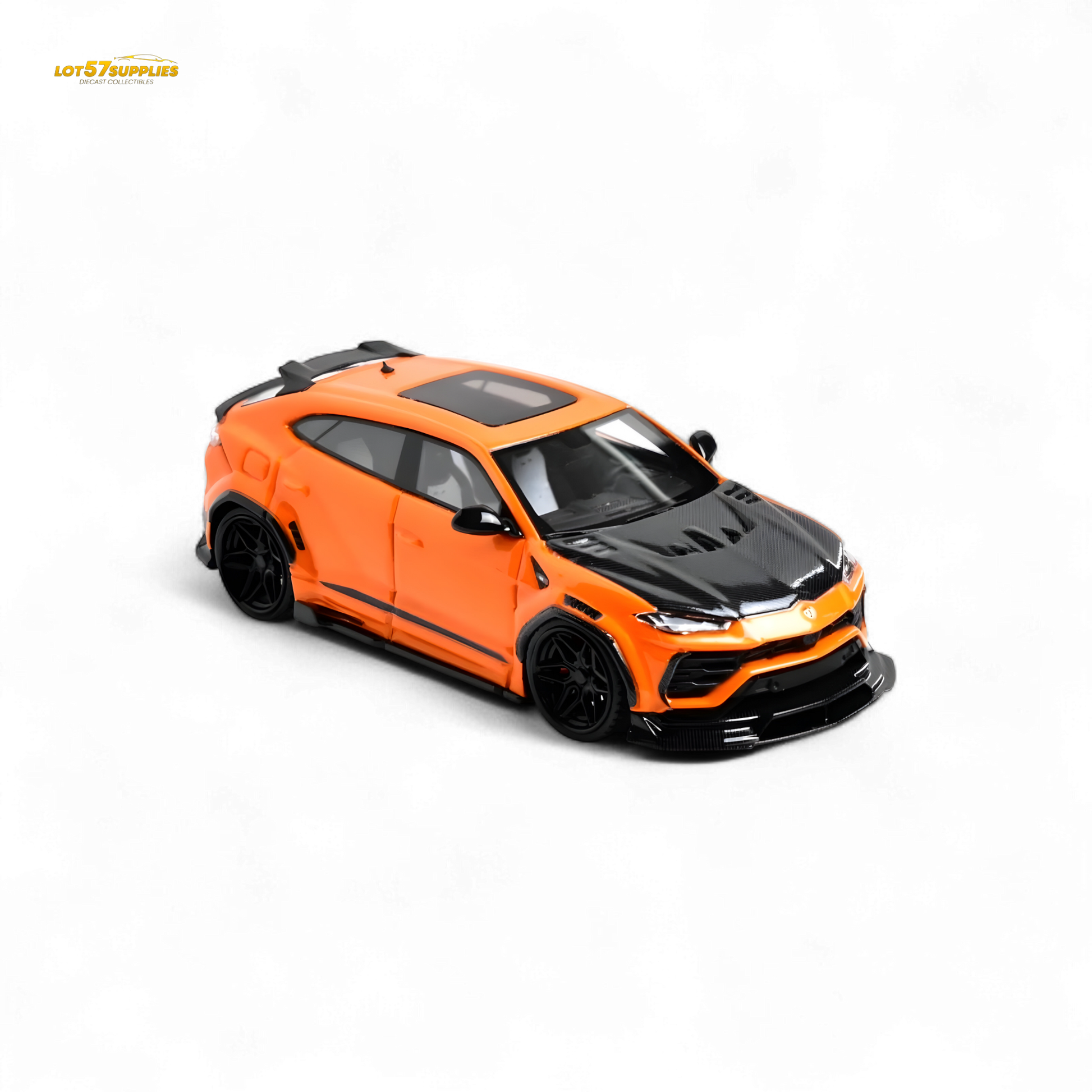 Metallic orange Lamborghini Urus diecast model in 1:64 scale by Lot57Supplies Diecast Shop, showing detailed exterior features.