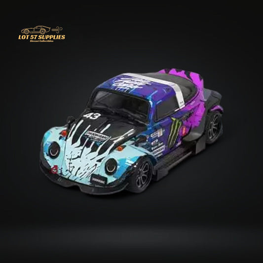 Mini Volkswagen Beetle Targa diecast model by Lot57Supplies with pink flower RWB livery, detailed 1:64 scale car.