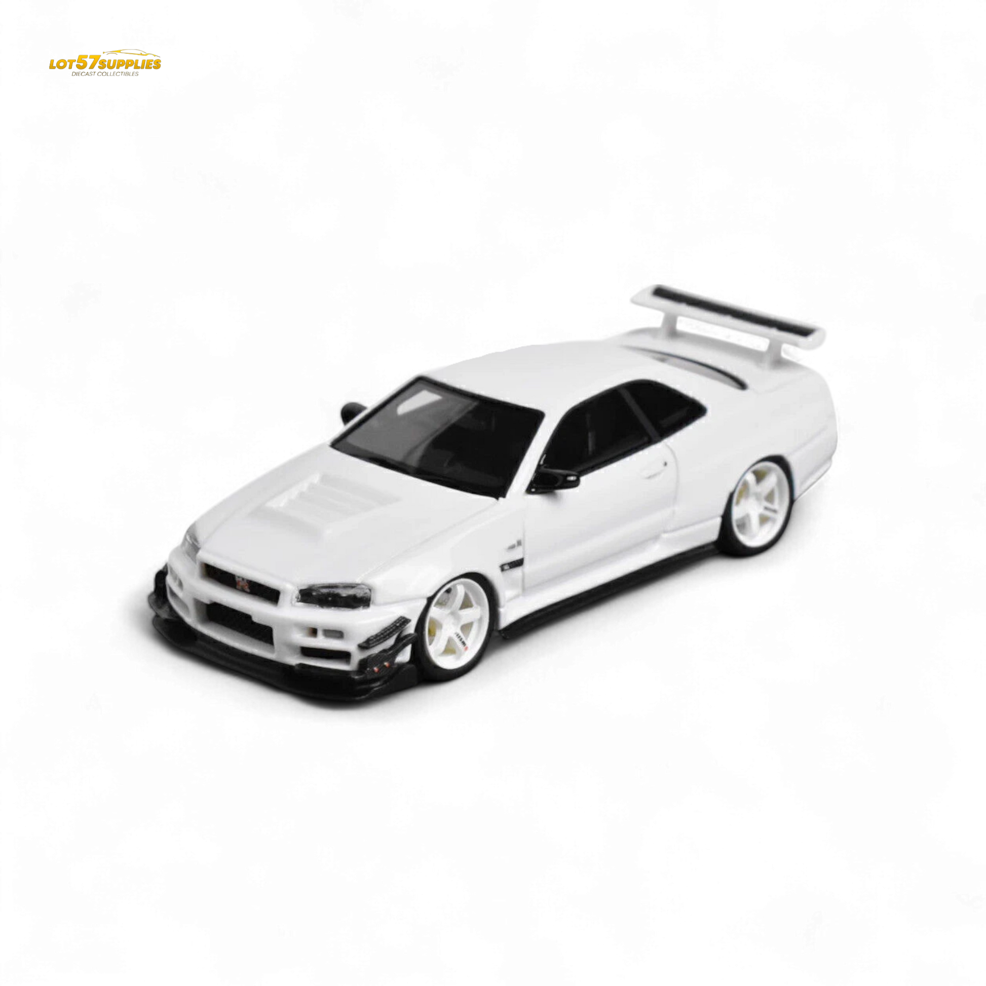 White Nissan Skyline GT-R R34 diecast model in 1:64 scale, customized by Lot57Supplies Diecast Shop, detailed and realistic.