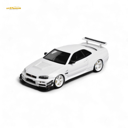 White Nissan Skyline GT-R R34 diecast model in 1:64 scale, customized by Lot57Supplies Diecast Shop, detailed and realistic.