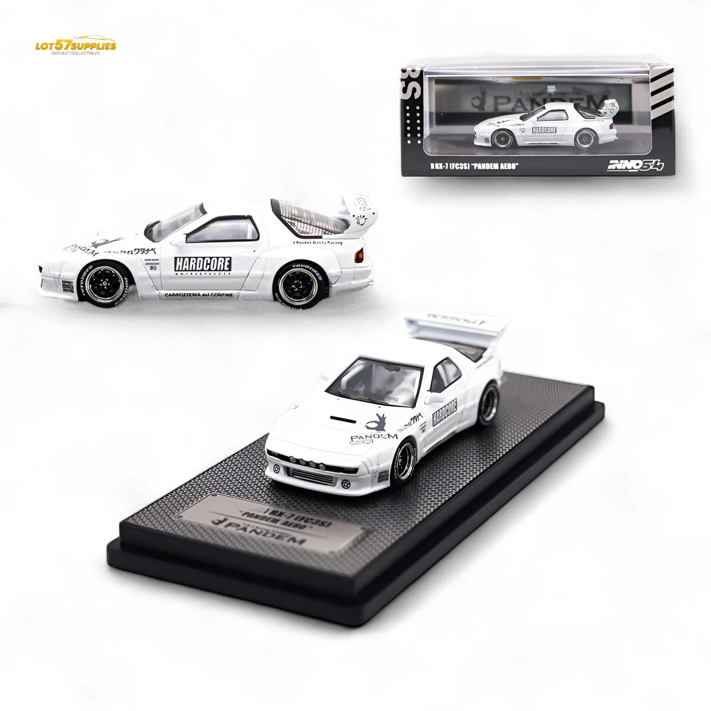 White 1:64 scale Mazda RX-7 FC3S diecast model with Pandem Aero kit, detailed design, from Inno64 brand.
