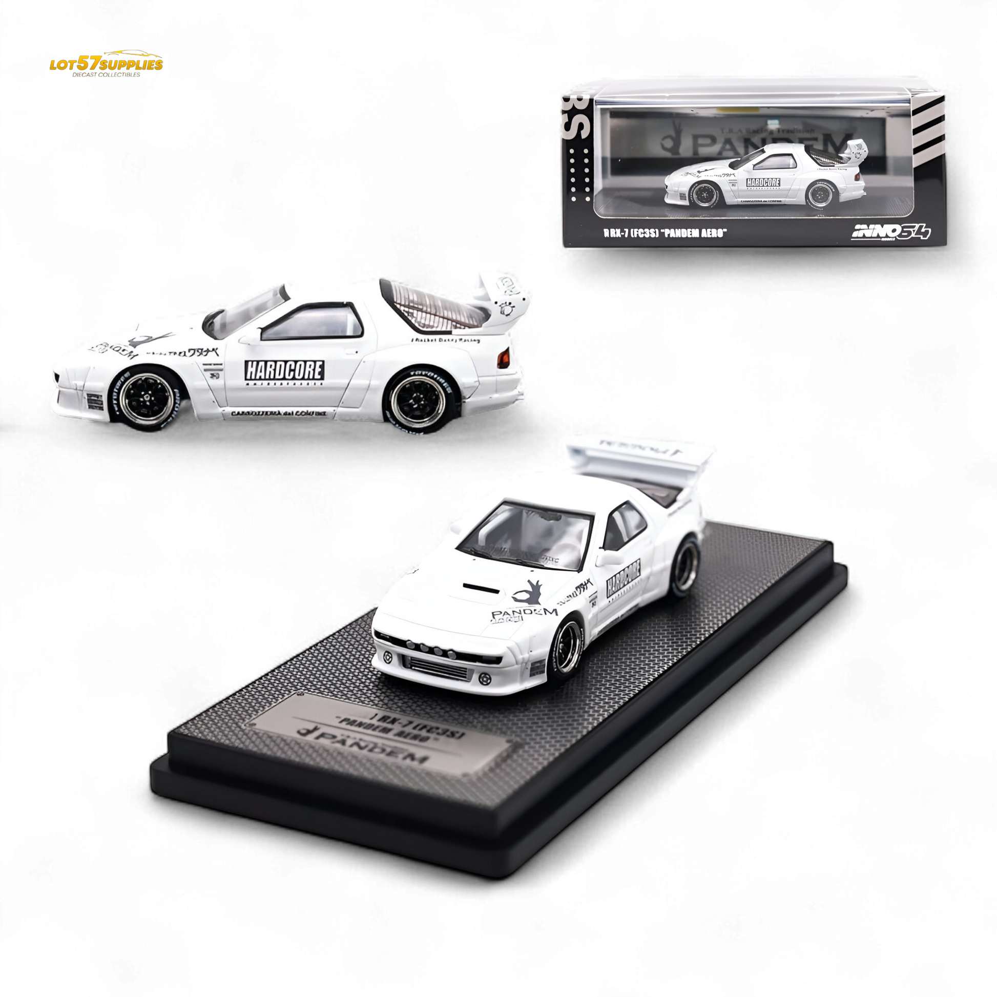 White 1:64 scale Mazda RX-7 FC3S diecast model with Pandem Aero kit, detailed design, from Inno64 brand.