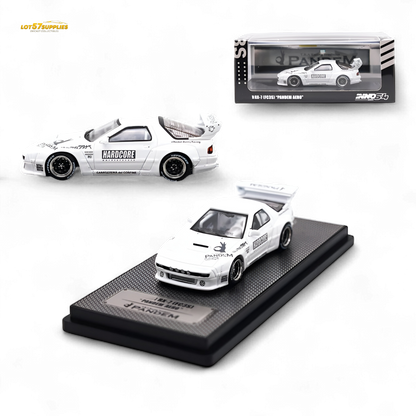 White 1:64 scale Mazda RX-7 FC3S diecast model with Pandem Aero kit, detailed design, from Inno64 brand.
