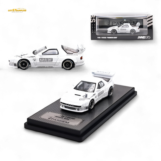 White 1:64 scale Mazda RX-7 FC3S diecast model with Pandem Aero kit, detailed design, from Inno64 brand.