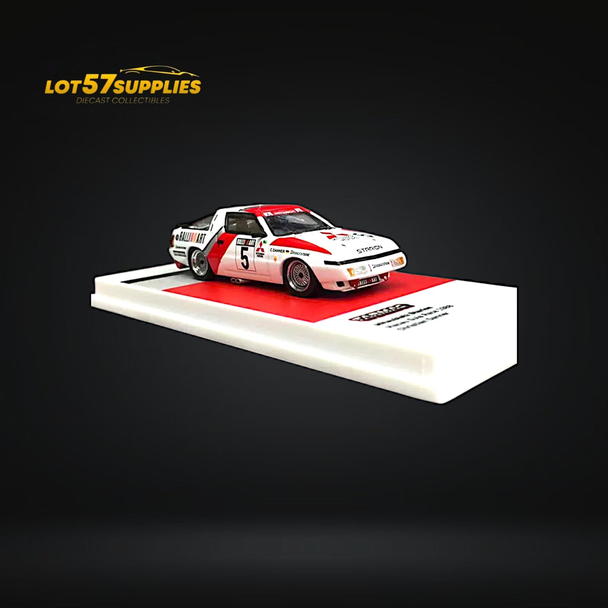 Diecast Mitsubishi Starion Macau Guia Race 1988 #5 model in 1:64 scale, detailed black and yellow racing car, Lot57Supplies Diecast Shop