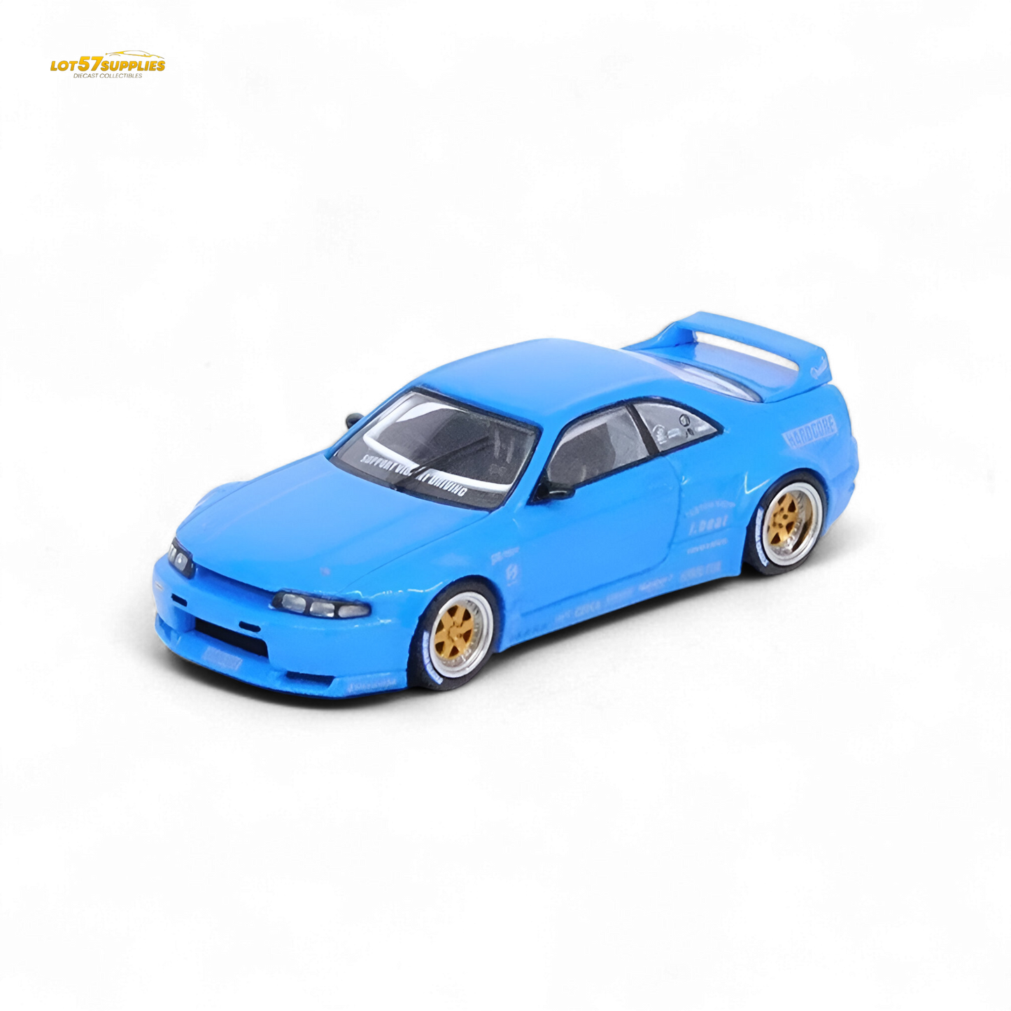 Blue Inno64 Nissan Skyline GT-R R33 diecast model with Pandem Rocket Bunny body kit, detailed 1:64 scale car.