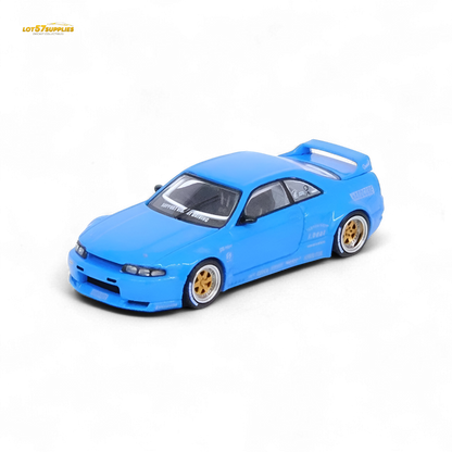 Blue Inno64 Nissan Skyline GT-R R33 diecast model with Pandem Rocket Bunny body kit, detailed 1:64 scale car.