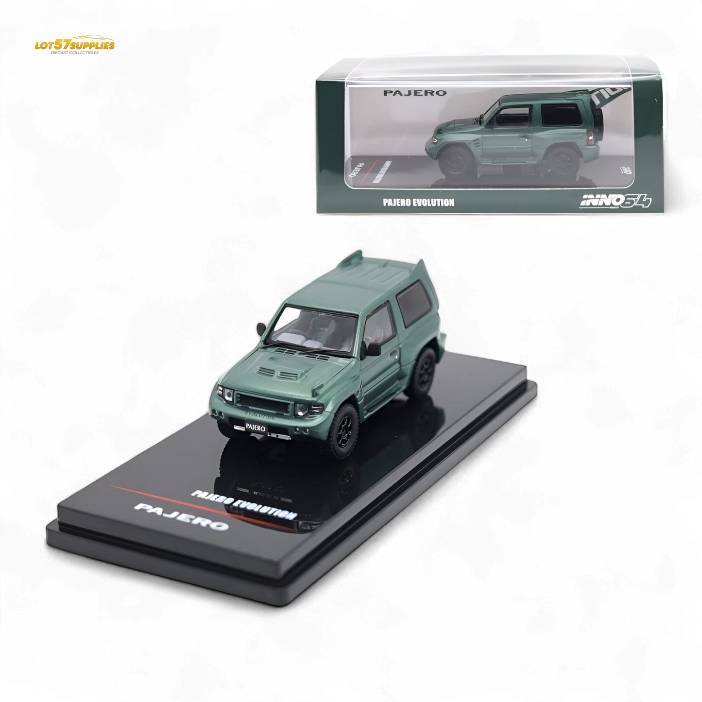 Satin green Mitsubishi Pajero Evolution diecast model by Inno64, detailed miniature vehicle for collectors.