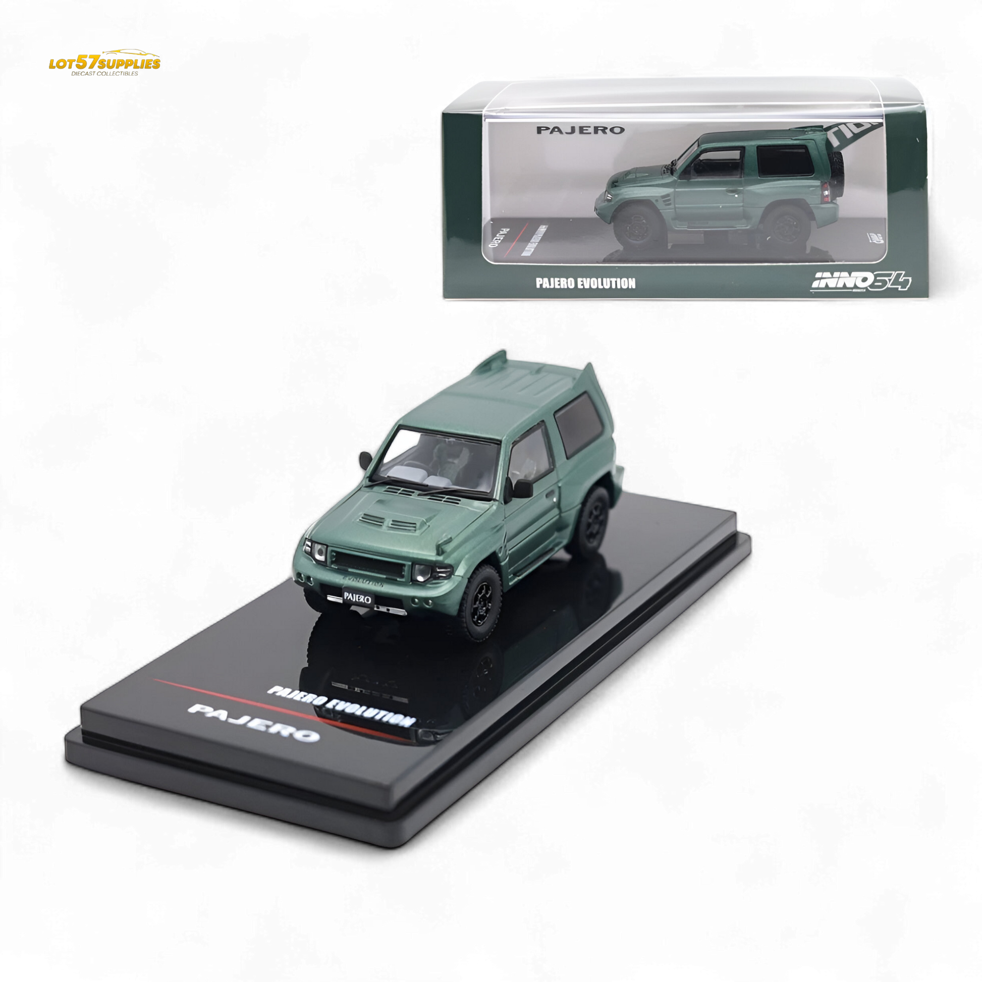 Satin green Mitsubishi Pajero Evolution diecast model by Inno64, detailed miniature vehicle for collectors.