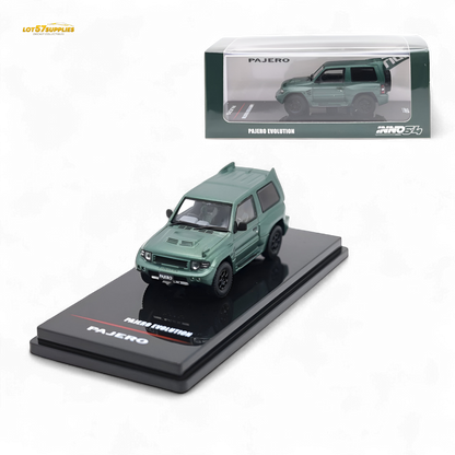 Satin green Mitsubishi Pajero Evolution diecast model by Inno64, detailed miniature vehicle for collectors.