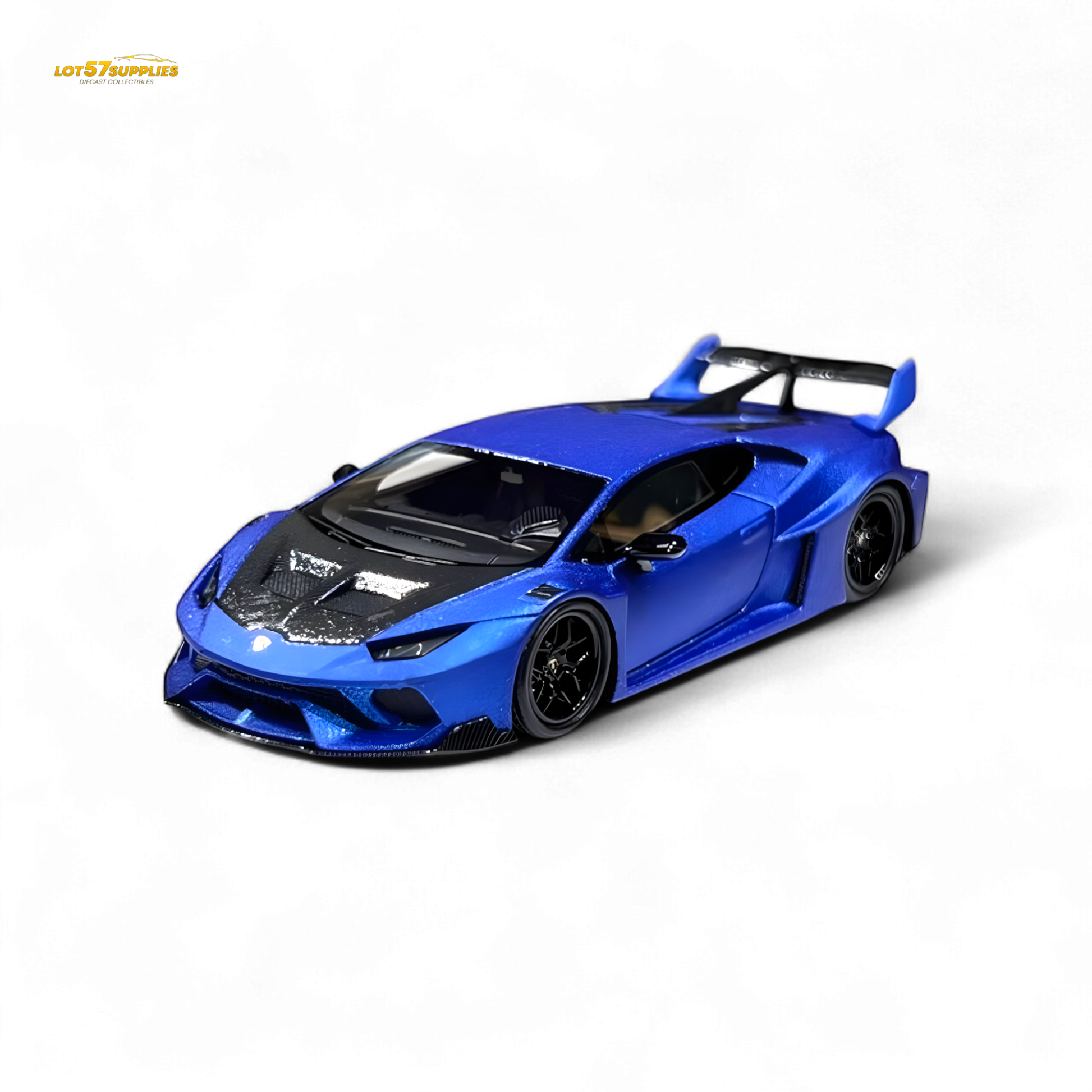 Matte blue Lamborghini Huracan LP610-4 widebody diecast model by Lot57Supplies, 1:64 scale, detailed resin construction.