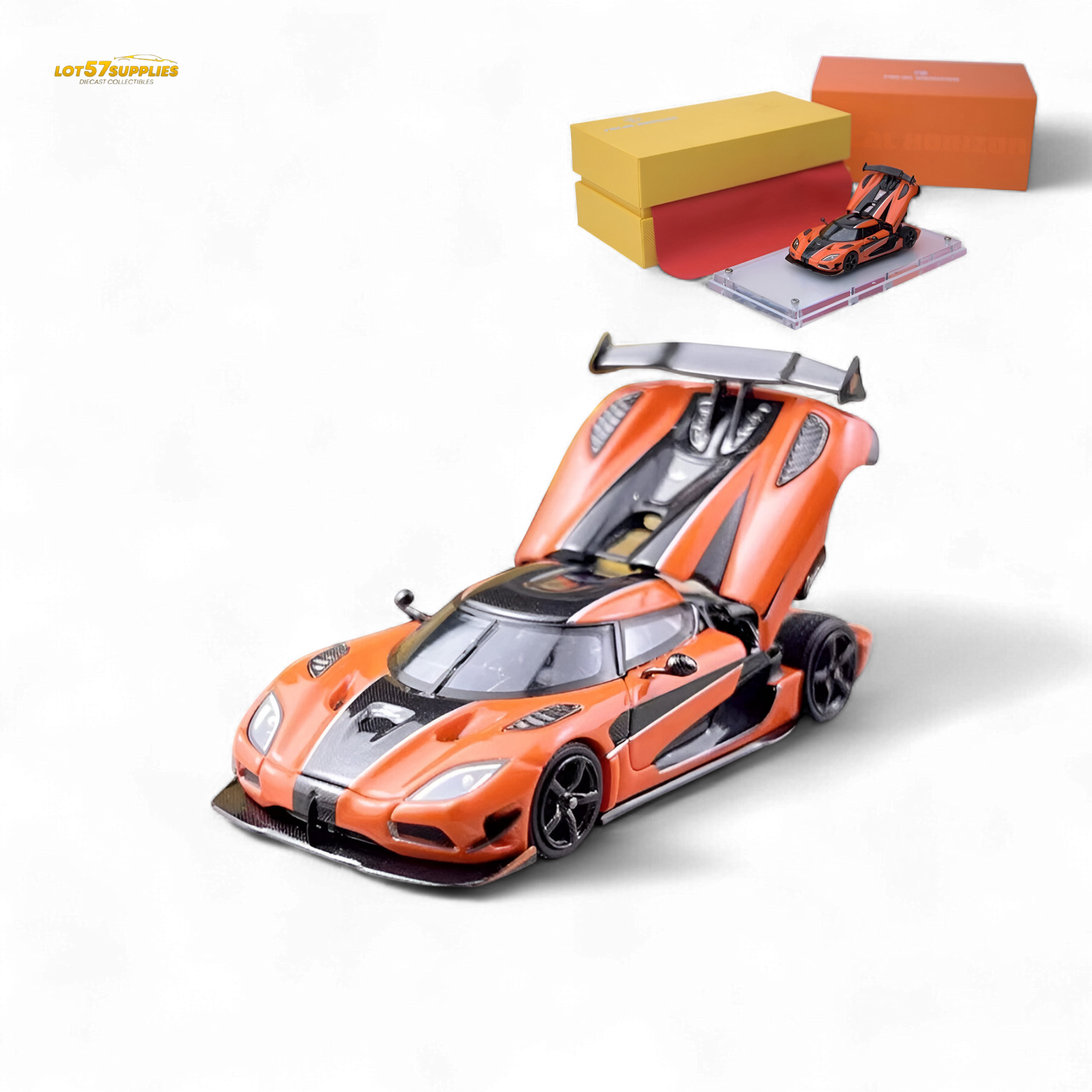 Orange Focal Horizon Agera RS Pagani diecast model in 1:64 scale, detailed miniature car with realistic features.