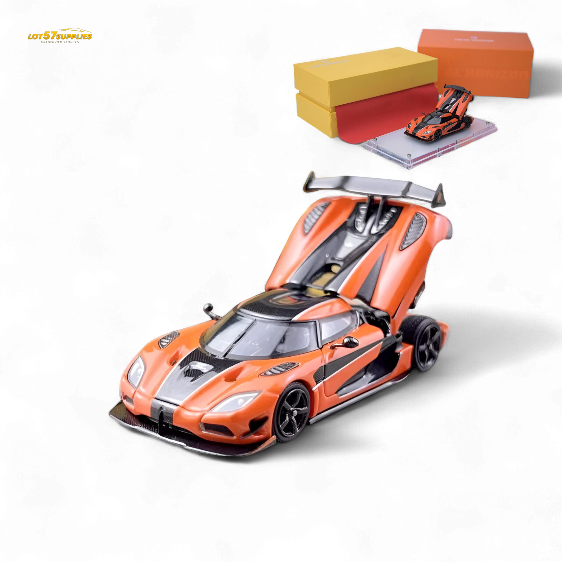 Orange Focal Horizon Agera RS Pagani diecast model in 1:64 scale, detailed miniature car with realistic features.