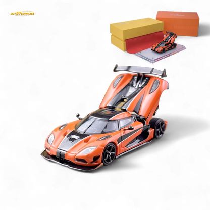 Orange Focal Horizon Agera RS Pagani diecast model in 1:64 scale, detailed miniature car with realistic features.