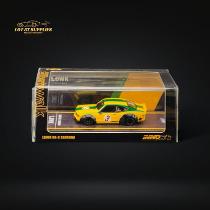 Yellow and green Inno64 Mazda RX-3 Savanna LBWK 1:64 diecast model with detailed exterior and racing decals.