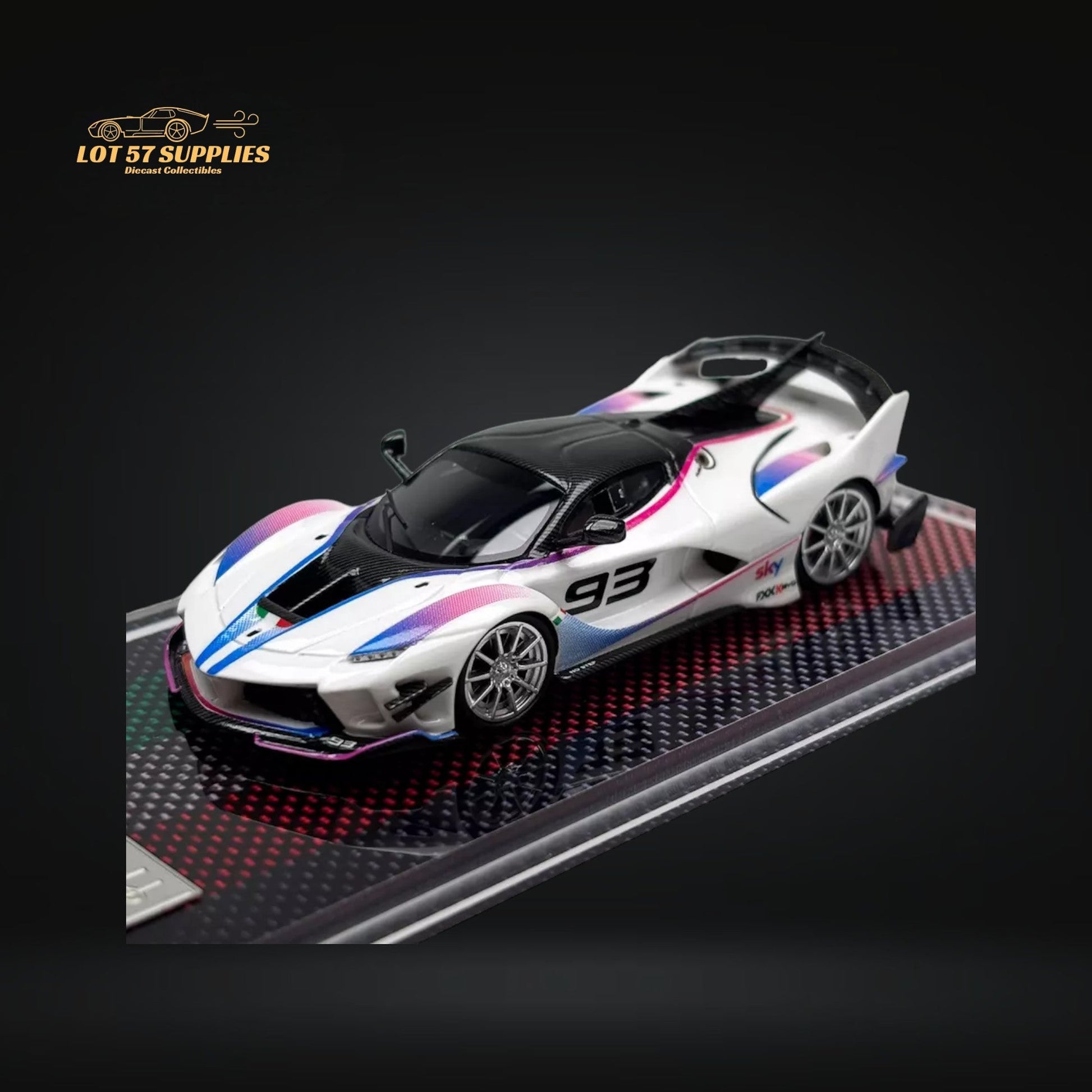 White Ferrari FXX-K Evo #93 diecast model in 1:64 scale, detailed remote control car by Lot57Supplies Diecast Shop.