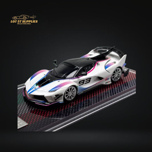 White Ferrari FXX-K Evo #93 diecast model in 1:64 scale, detailed remote control car by Lot57Supplies Diecast Shop.