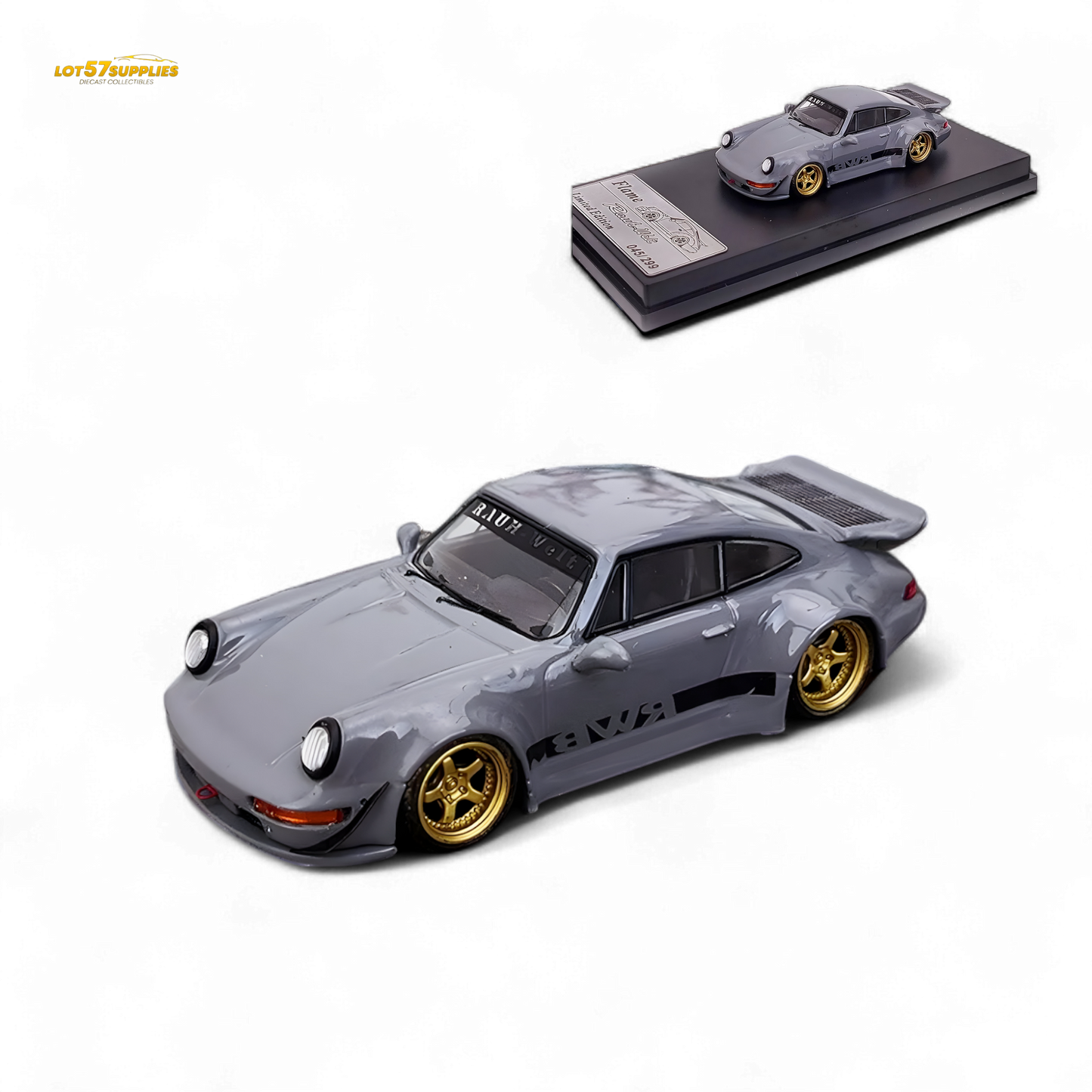 Cement gray Porsche 964 RWB Whale Tail diecast model car in 1:64 scale by Lot57Supplies Diecast Shop, detailed with realistic features