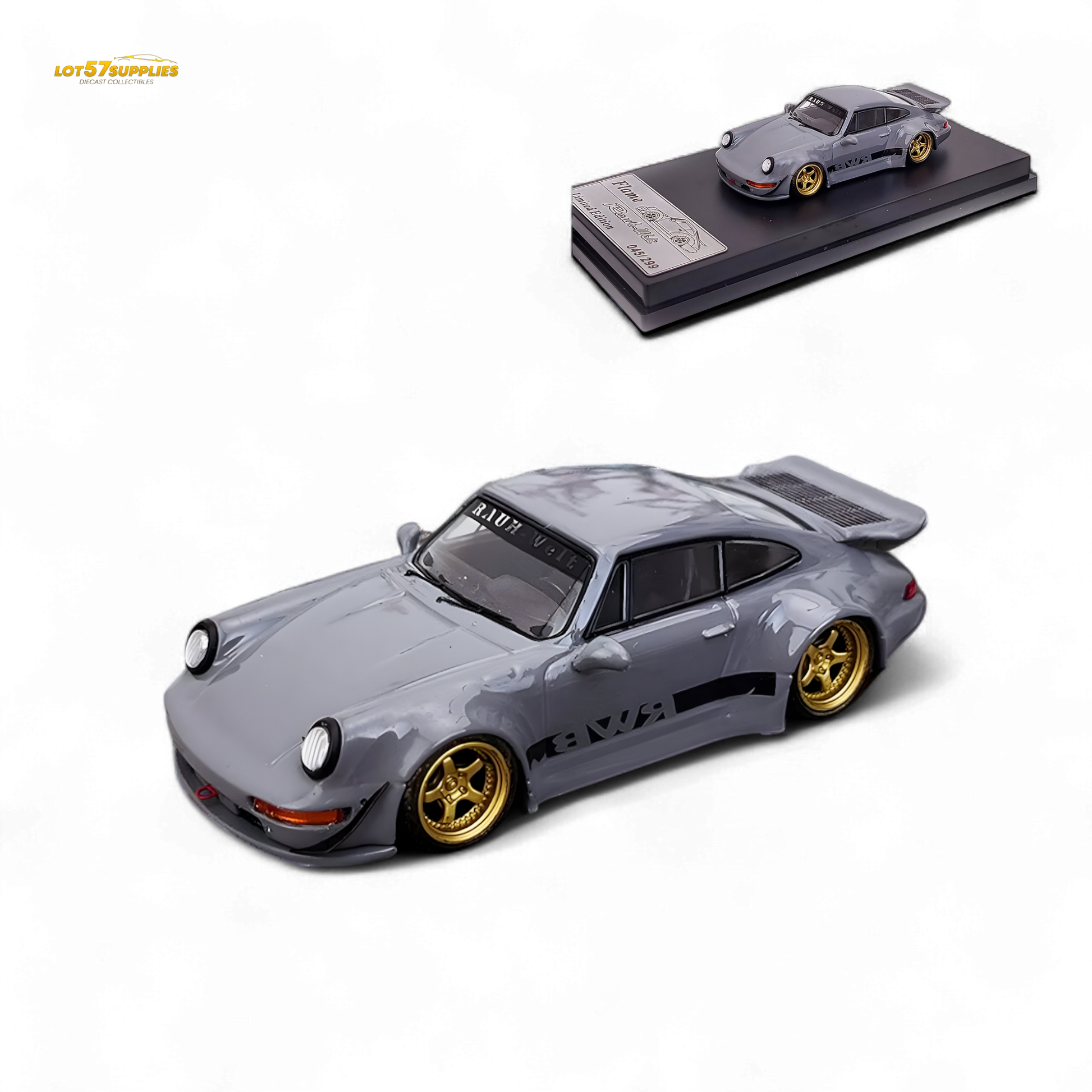 Cement gray Porsche 964 RWB Whale Tail diecast model car in 1:64 scale by Lot57Supplies Diecast Shop, detailed with realistic features