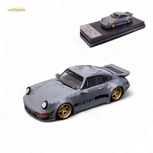 Cement gray Porsche 964 RWB Whale Tail diecast model car in 1:64 scale by Lot57Supplies Diecast Shop, detailed with realistic features