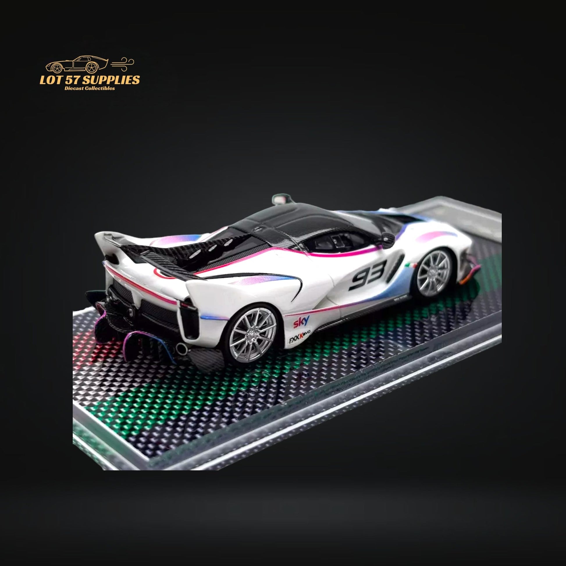 White Ferrari U2 FXX-K Evo diecast model car with #93 racing number, detailed scale 1:64, from Lot57Supplies Diecast Shop.