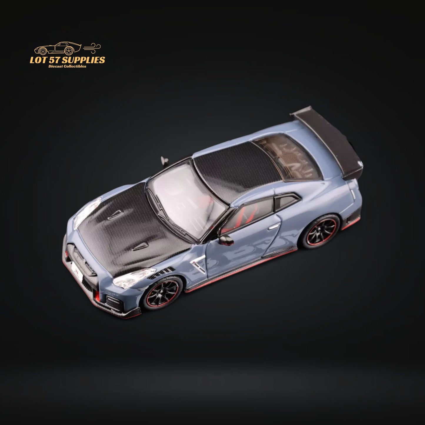 Nissan Skyline GT-R R35 Nismo diecast model in stealth gray by Inno64, detailed 1:64 scale collectible car.