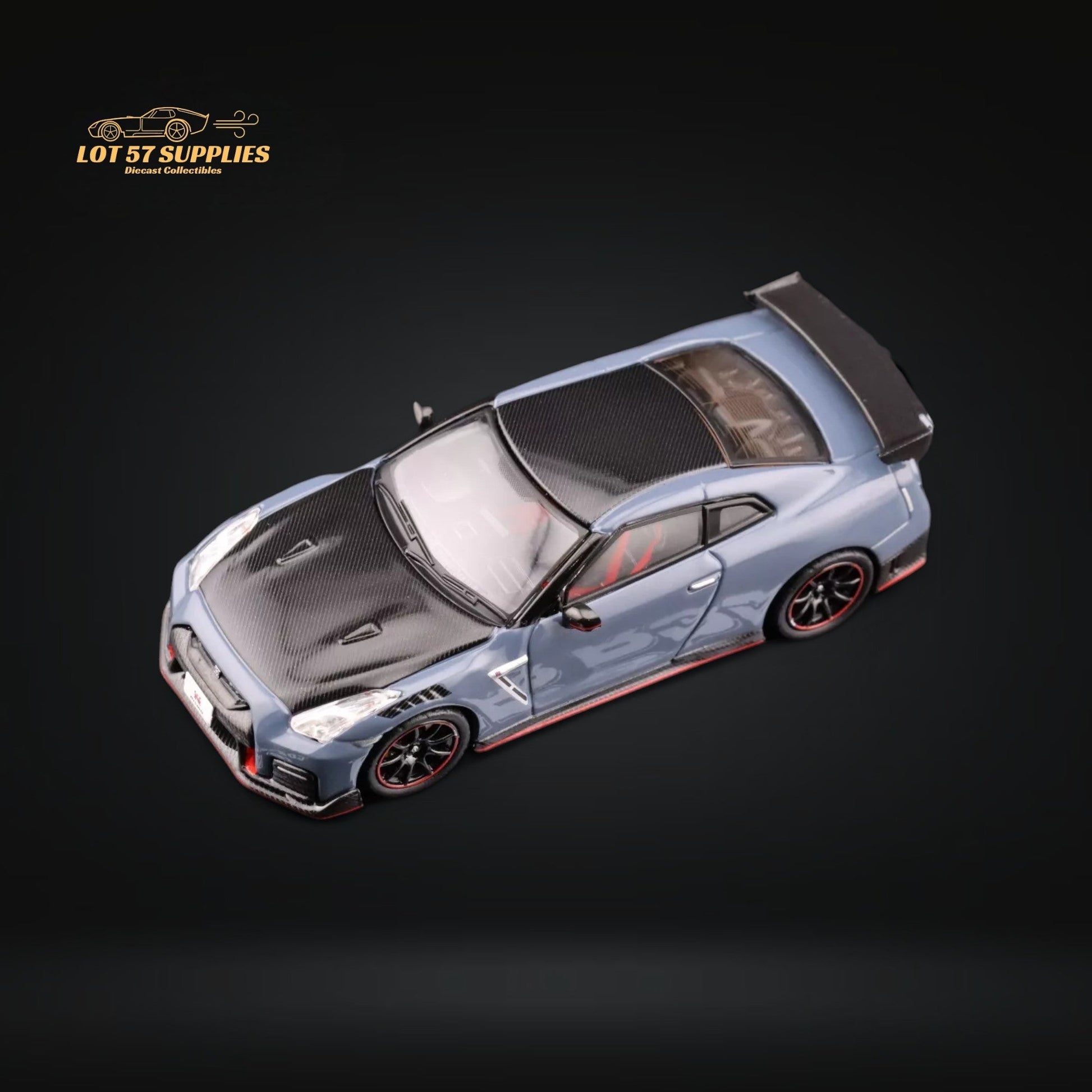 Nissan Skyline GT-R R35 Nismo diecast model in stealth gray by Inno64, detailed 1:64 scale collectible car.