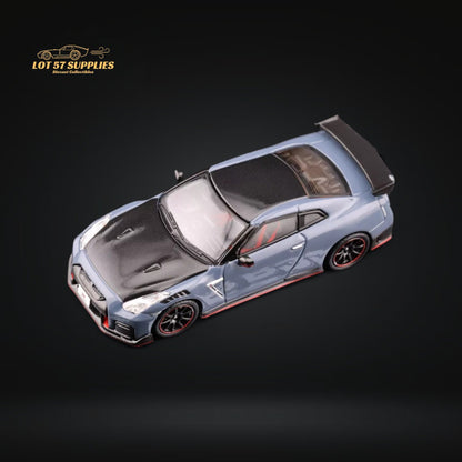 Nissan Skyline GT-R R35 Nismo diecast model in stealth gray by Inno64, detailed 1:64 scale collectible car.