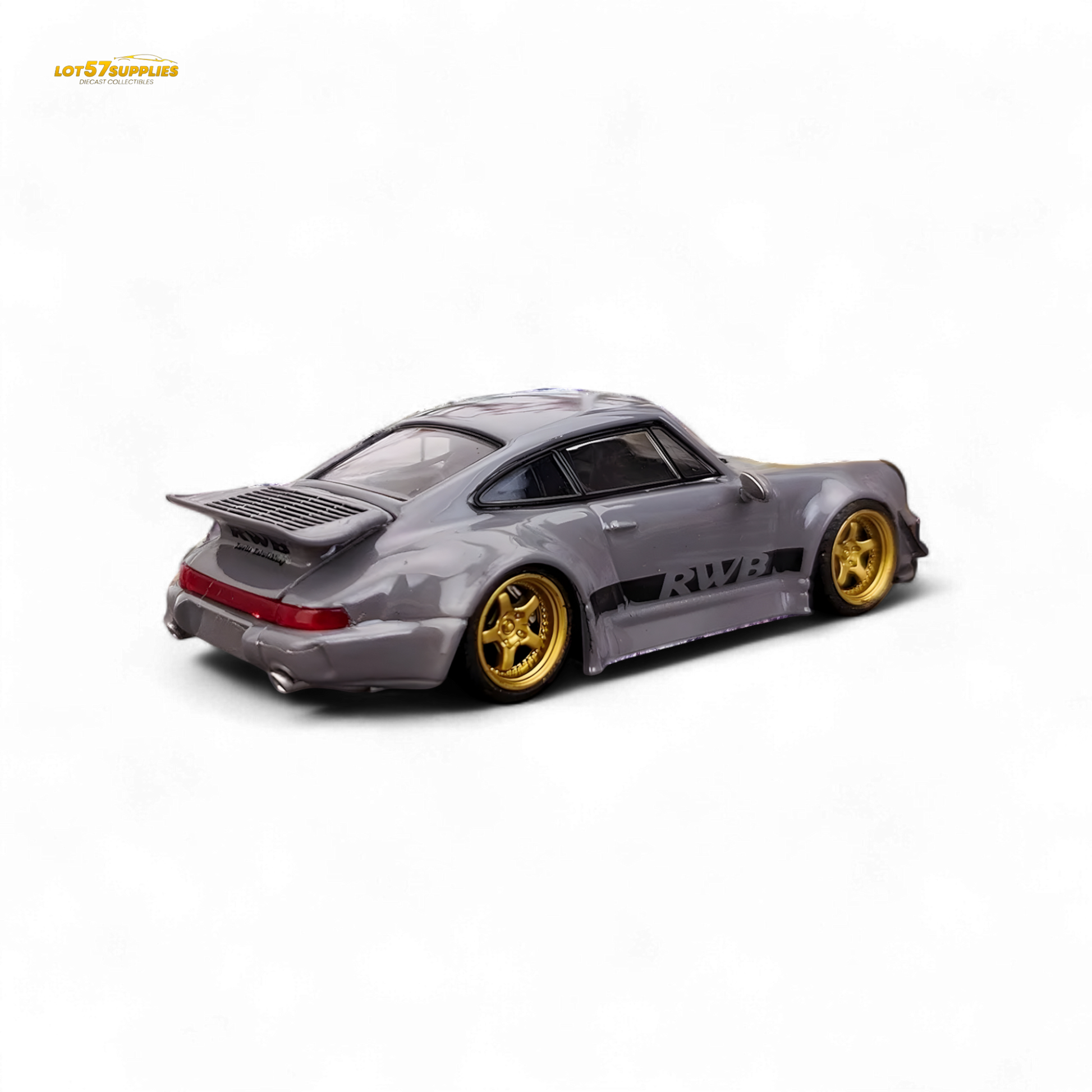 Cement gray Flame Porsche 964 RWB Whale Tail diecast model car, 1:64 scale, with detailed wheels and aerodynamic body shape.