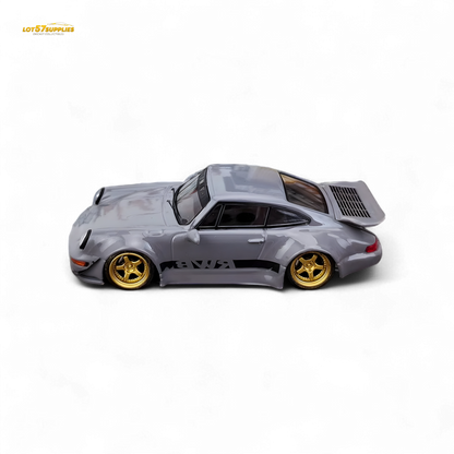 Cement gray Porsche 964 RWB Whale Tale diecast model car, 1:64 scale, with detailed exterior and RWB wide body kit