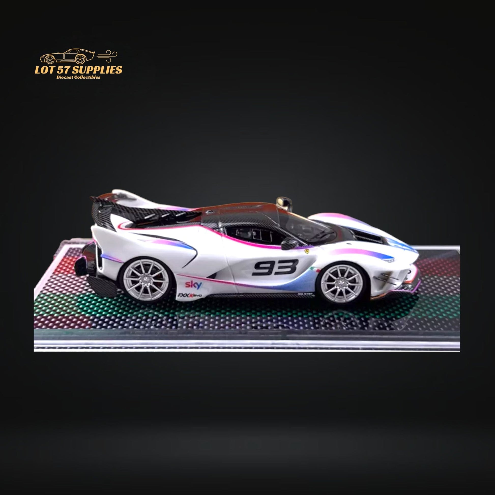 White Ferrari FXX-K Evo 1:64 diecast model car with #93 racing stripes, detailed design from Lot57Supplies Diecast Shop.