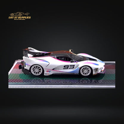 White Ferrari FXX-K Evo 1:64 diecast model car with #93 racing stripes, detailed design from Lot57Supplies Diecast Shop.