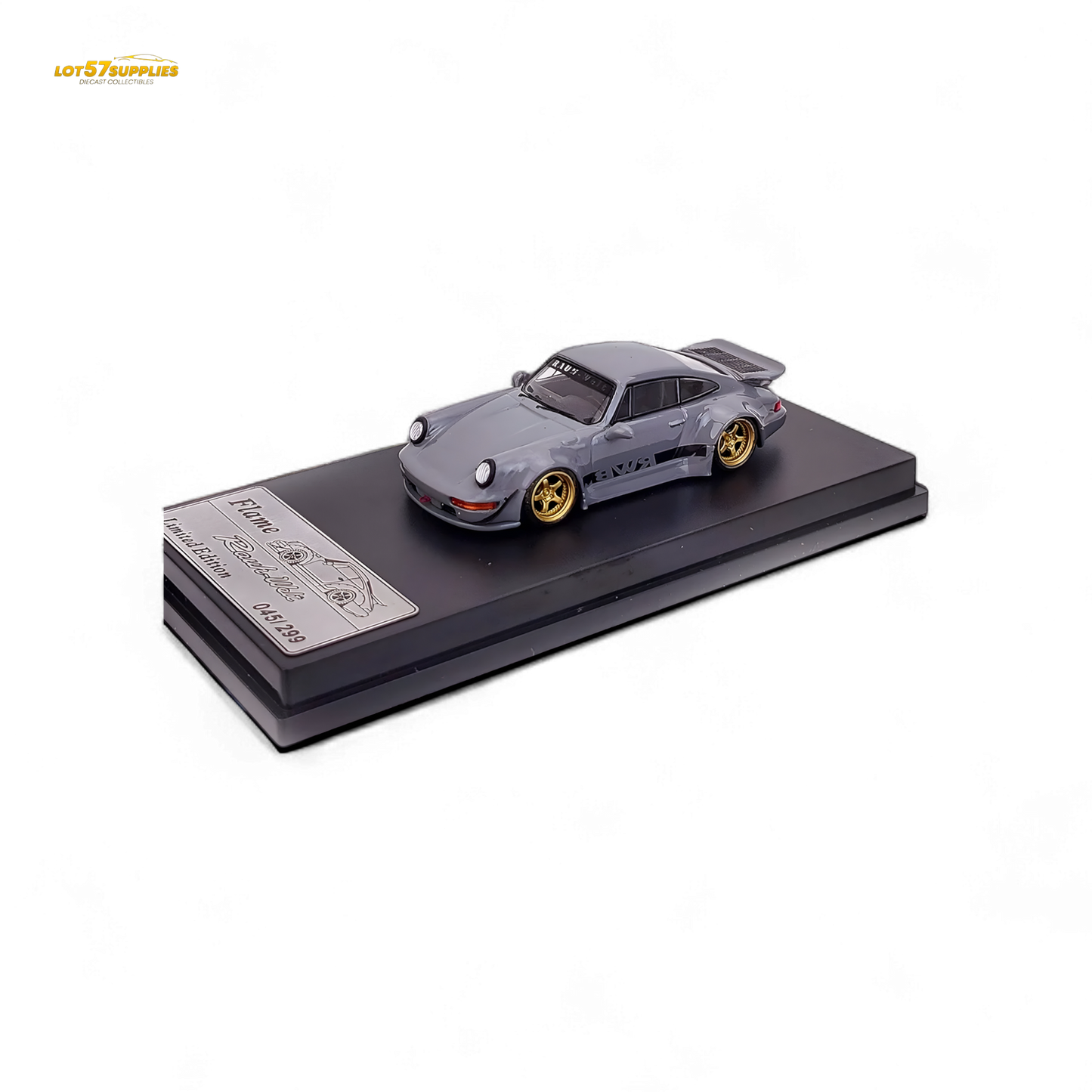 Cement gray Porsche 964 RWB Whale Tale diecast car in 1:64 scale by Lot57Supplies Diecast Shop featuring detailed design and realistic features.