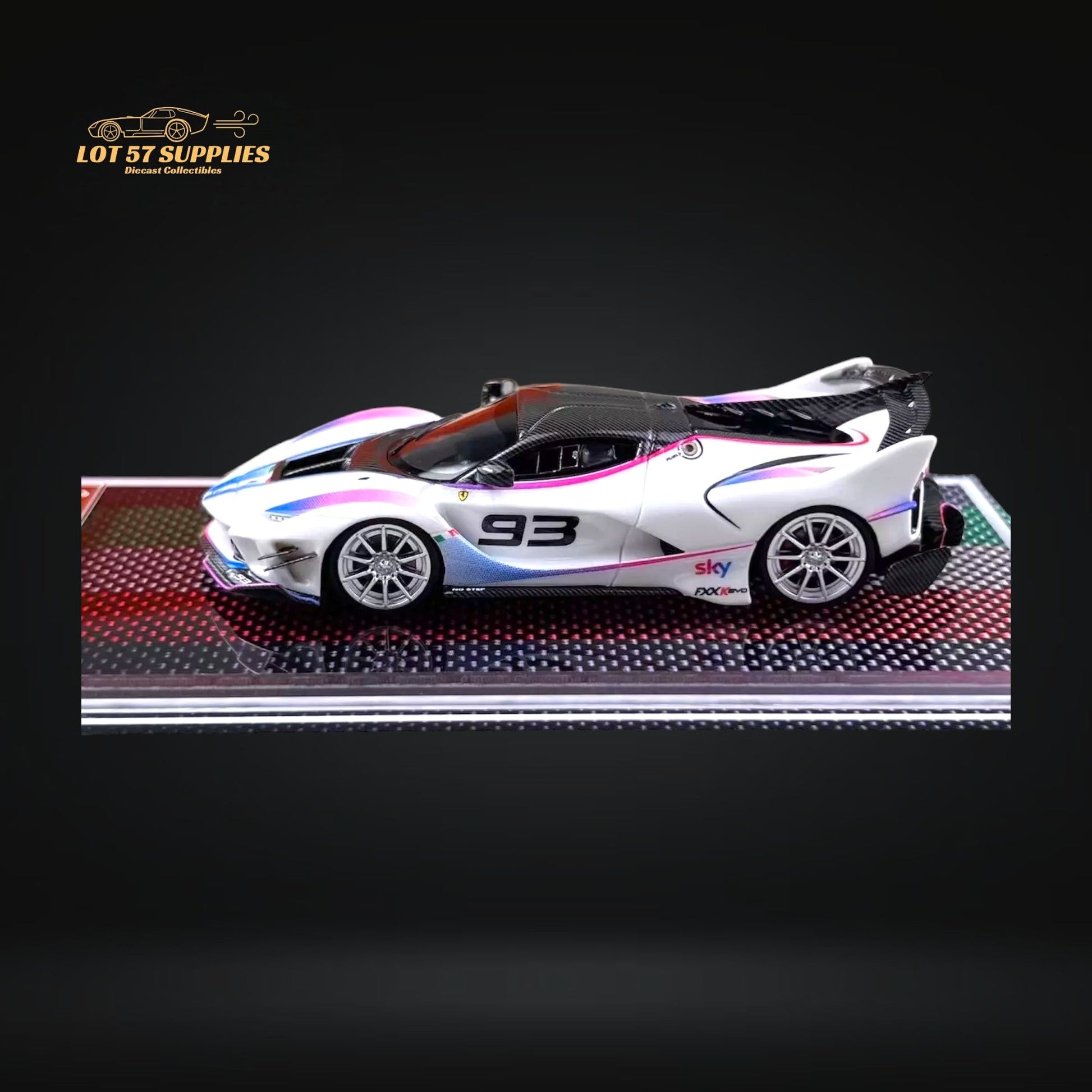 White Ferrari U2 FXX-K Evo diecast model car #93, 1:64 scale, detailed miniature from Lot57Supplies Diecast Shop