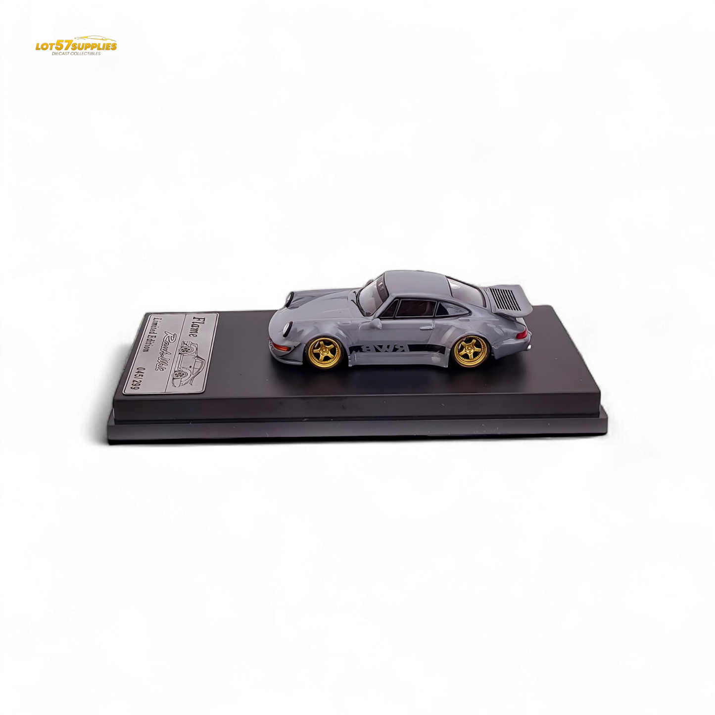 Cement gray Porsche 964 RWB Whale Tail diecast model car in 1:64 scale by Lot57Supplies Diecast Shop, detailed and realistic.