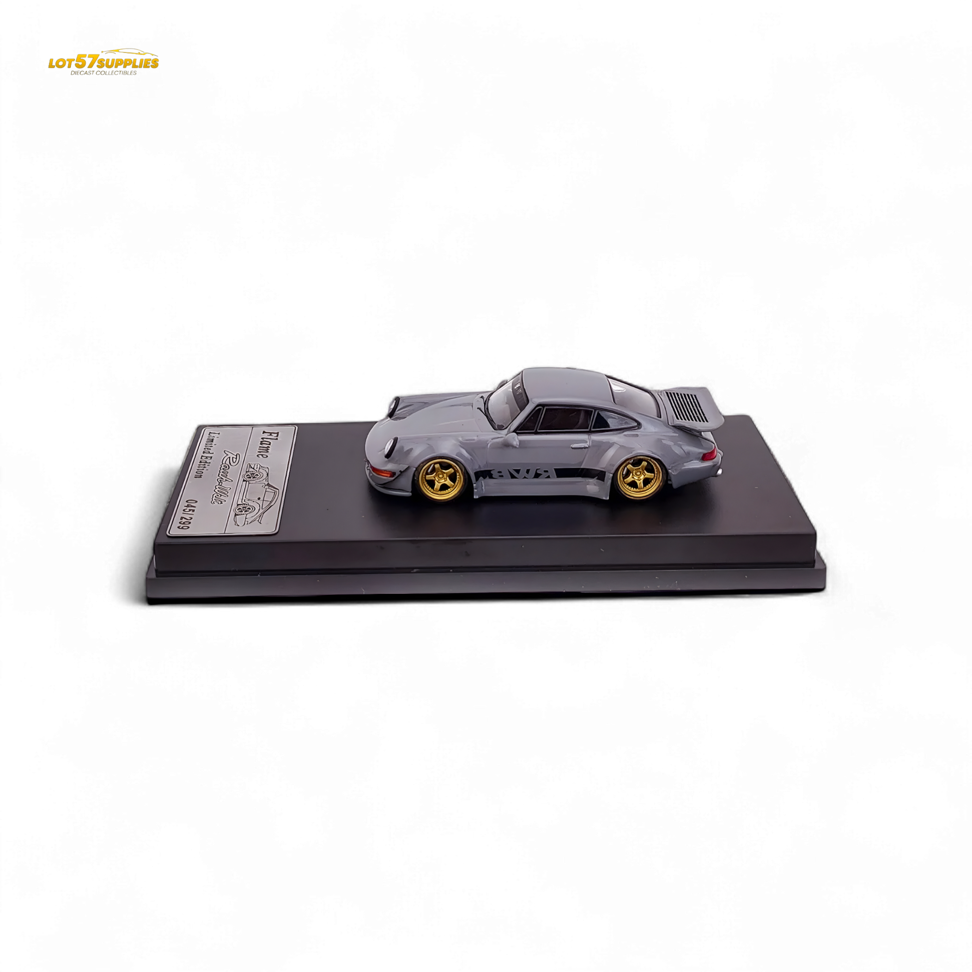 Cement gray Porsche 964 RWB Whale Tail diecast model car in 1:64 scale by Lot57Supplies Diecast Shop, detailed and realistic.