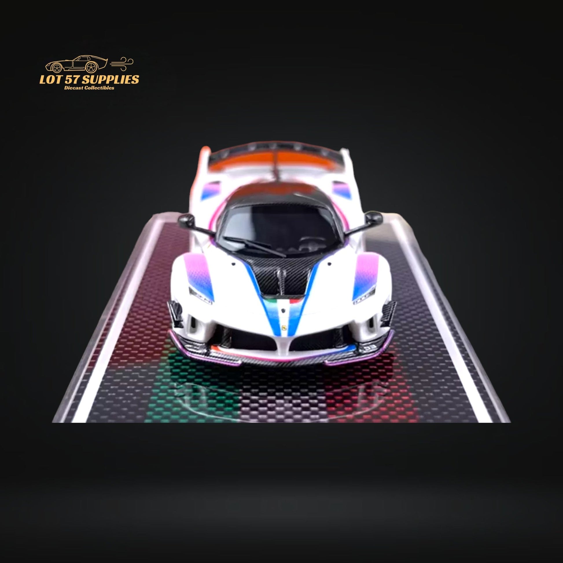 White Ferrari U2 FXX-K Evo 1:64 diecast model with #93 racing details, showcasing intricate design and branding.