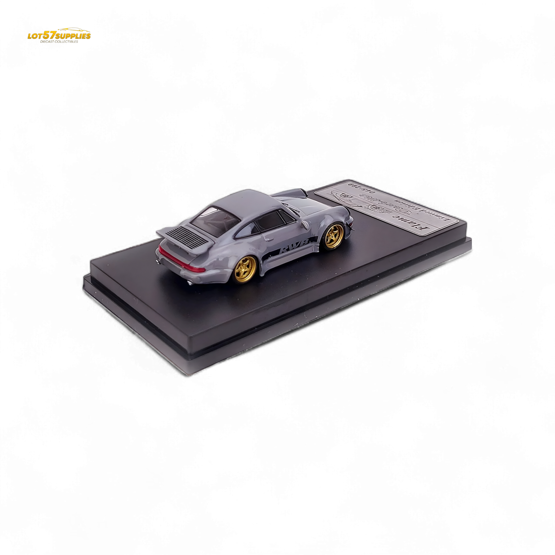 Cement gray Porsche 964 RWB Whale Tale diecast car model, 1:64 scale, featuring detailed design and realistic features.